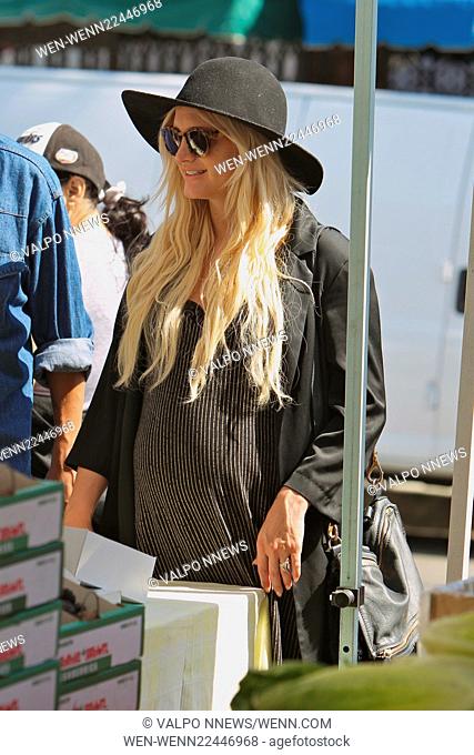 Heavily pregnant Ashlee Simpson buys fresh salsa, strawberries and a jumbo sausage sandwich together with a watermelon drink at the Studio City Farmers Market...