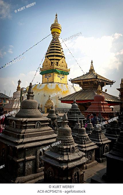 The stupa of Swayambhunath sits above the capital city of Kathmandu, Nepal