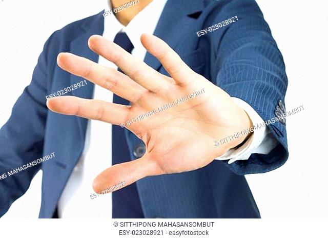 Businessman Stop Sign Hand Gesture on Tilt View Isolated on White Background