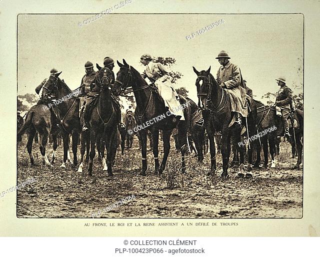 King Albert I and queen Elisabeth on horseback greeting soldiers in Flanders during the First World War, Belgium