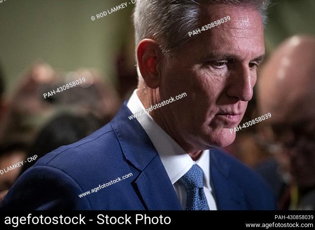 Former Speaker of the United States House of Representatives Kevin McCarthy (Republican of California) talks with reporters following the a House Republican...