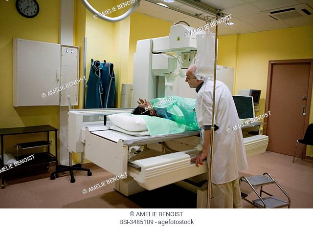 Photo essay at the department of medical imagery of the Diaconesses hospital in Paris, France. X-ray examination with cleansing following a fistula of the...