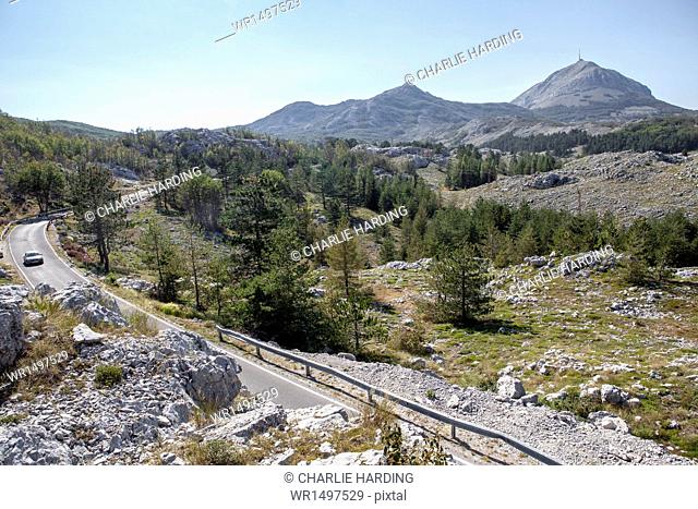 Views of Lovcen National Park with Njegos's Mausoleum in the distance, Montenegro, Europe