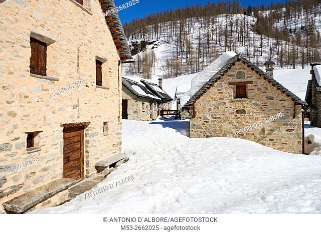 Early spring view of the mountain village of Crampiolo. Baceno Municipality. Province of Verbano-Cusio-Ossola. Piemonte. Italy