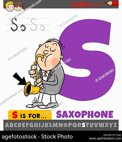 Educational cartoon illustration of letter S from alphabet with saxophone musical instrument