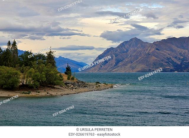 andscape in Central Otago, New Zealand. Lake Hawea, forest and mountains
