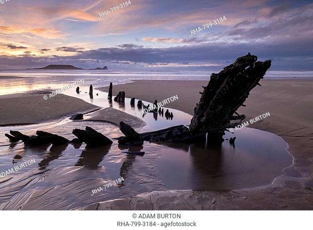 The shipwreck of the Helvetia, on Rhossili Bay, Gower Peninsula, Wales, United Kingdom, Europe