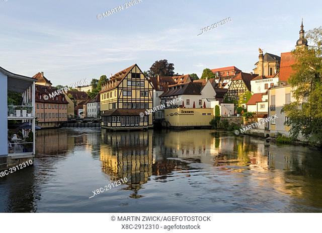 The Old Town and river Regnitz. Bamberg in Franconia, a part of Bavaria. The Old Town is listed as UNESCO World Heritage ""Altstadt von Bamberg""