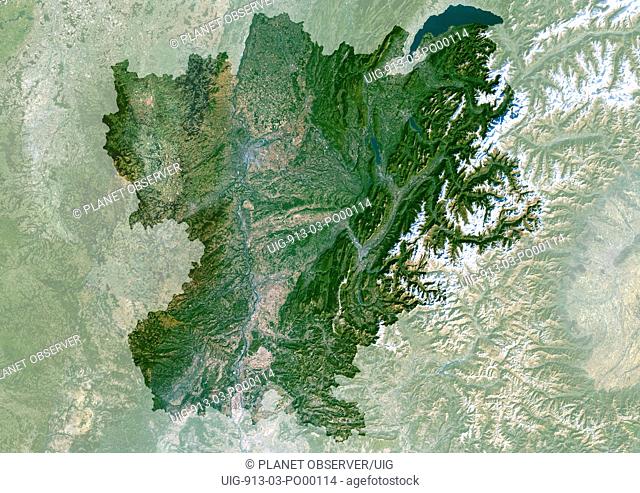 Rhône-Alpes Region, France, True Colour Satellite Image With Mask. Rhône Alpes region, France, true colour satellite image with mask