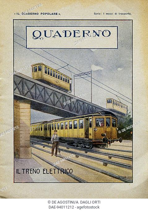 Electric train, illustrated school exercise book cover, Italy 1924, 20th century.  Private Collection