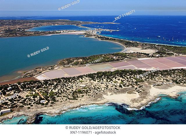 Pudent lagoon, Es Savina harbor on top, Ses Salines, Formentera, Balearic Islands, Spain