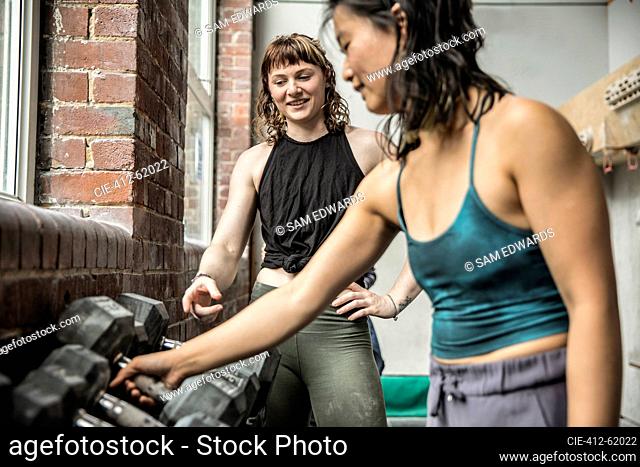 Women friends working out with dumbbells in gym