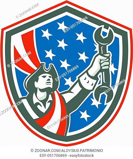 Illustration of an american mechanic patriot holding wrench spanner set inside shiekld with usa stars and stripes in the background done in retro style