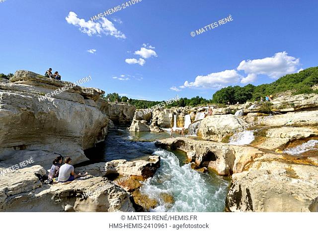 France, Gard, La Roque sur Ceze, labelled Les Plus Beaux Villages de France (The Most Beautiful Villages of France), Ceze river and Sautadet waterfalls