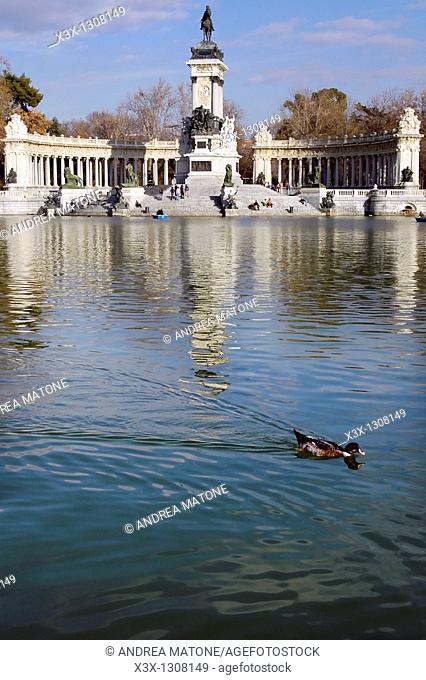 The lake in El Retiro park leading to the monument of Alfonso XII Spain Madrid