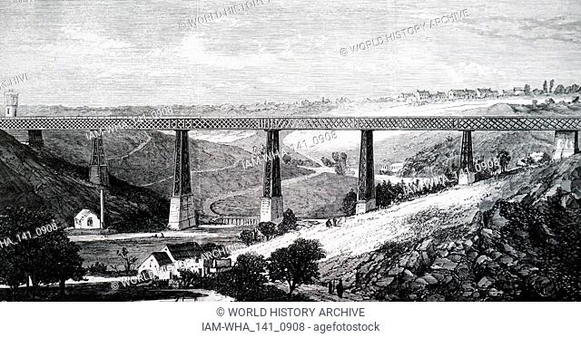 Illustration showing Lattice girder viaduct on the River Creuse on the Montlucon and Limoges Railway., 1868
