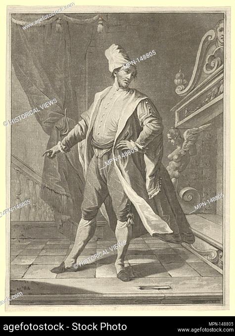 Man in Venetian costume standing before a large fireplace, right arm outstretched. Artist: Anonymous; Date: ca. 1770-1800; Medium: Etching and aquatint;...