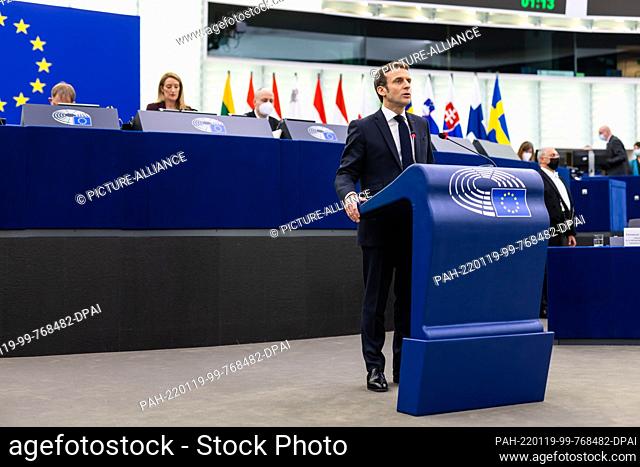 19 January 2022, France, Straßburg: Emmanuel Macron (LaREM), President of France, speaks in the plenary hall in the European Parliament building