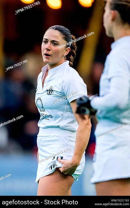 Racing's Guadalupe Moras reacts during a hockey game between KHC Dragons and Royal Racing club de Bruxelles, on day 11 for the Belgian Women Hockey League...