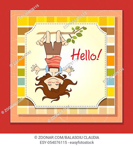amused young girl standing with her head hanging down, vector illustration