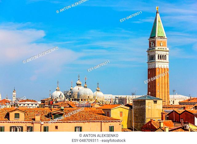 San Marco Campanile and the Dome of the Basilica, aerial view, Venice