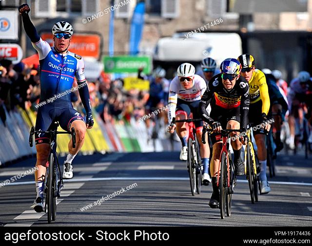 Dutch Fabio Jakobsen of Quick-Step Alpha Vinyl and Belgian Wout Van Aert of Team Jumbo-Visma pictured as they crosses the finish line of the the second stage of...