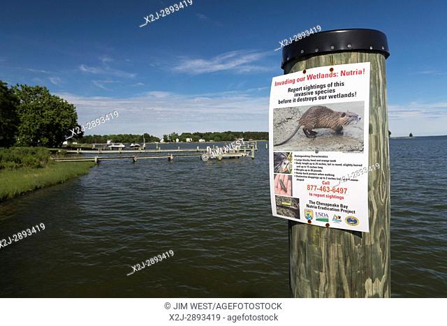 Fairbank, Maryland - A poster at a dock on the Chesapeake Bay asks residents to report signs of the invasive nutria