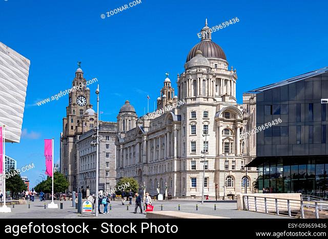 LIVERPOOL, UK - JULY 14 : Port of Liverpool Building, Mann Island, Liverpool, England on July 14, 2021