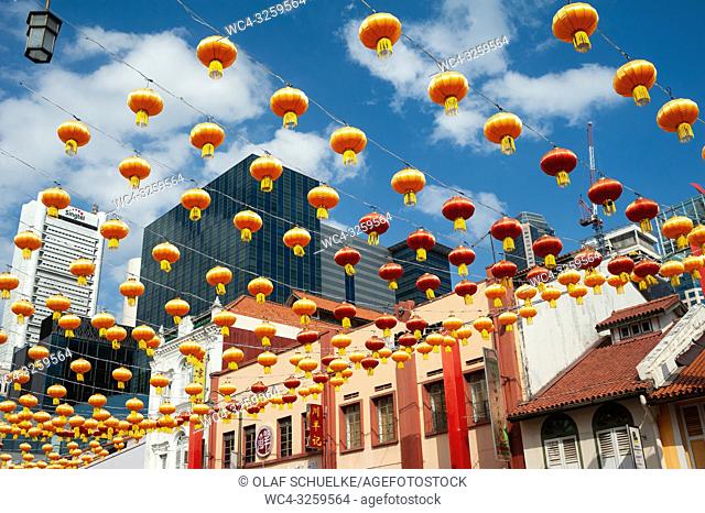 Singapore, Republic of Singapore, Asia - Annual street decoration with lanterns along South Bridge Road for the Chinese Lunar New Year celebration in...