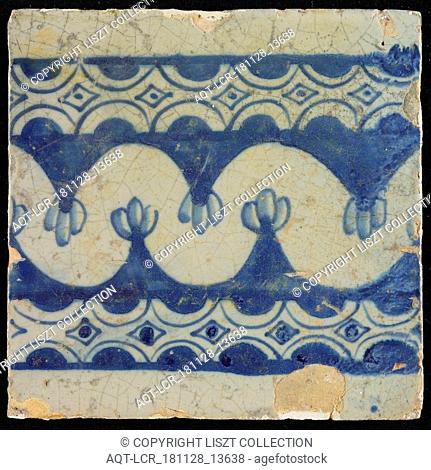 Tile of chimney pilaster, blue on white, bottom, white crevice between two blue edges with arches and diamonds, chimney pilaster tile pilaster footage fragment...