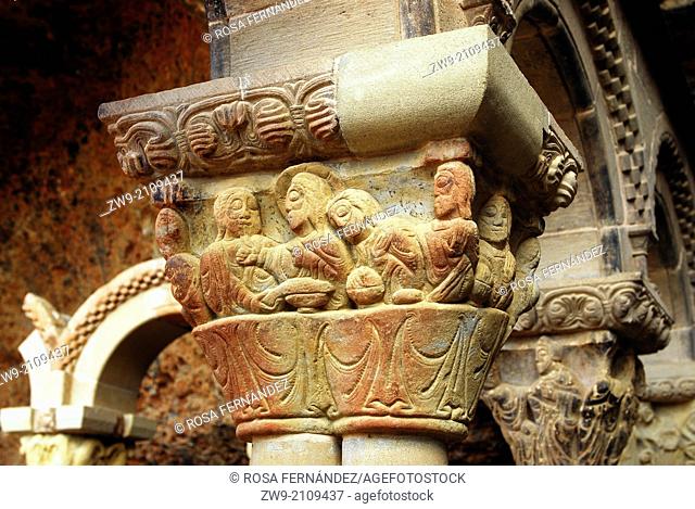 Restored capital showing Jesuschrist and the apostles during the Last Supper, Romanesque Monastery of San Juan de la Peña, Huesca, Aragon, Spain