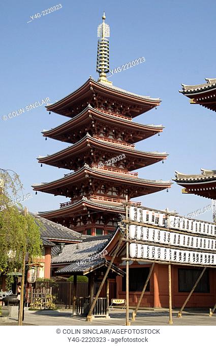 Tokyo, Japan, Sensoji, Asakusa Kannon Temple, Spring morning, Sunny, Lanterns foreground, Temple Pagoda, Vertical, Temple founded 645 ad
