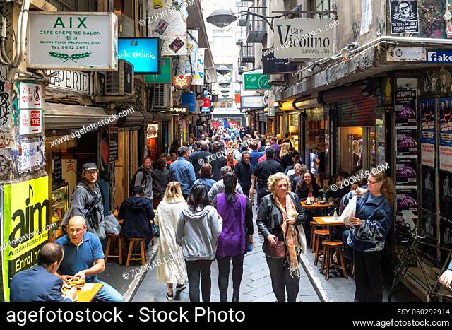 Melbourne, Australia - April 21, 2015: The busy Centre Place alley filled with people