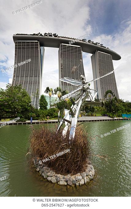 Singapore, Gardens By The Bay, Planet sculpture of dragonfly and Marina Bay Sands Hotel