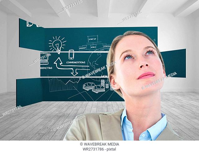 Composite image of Business woman looking up in the sky against sketches on wall