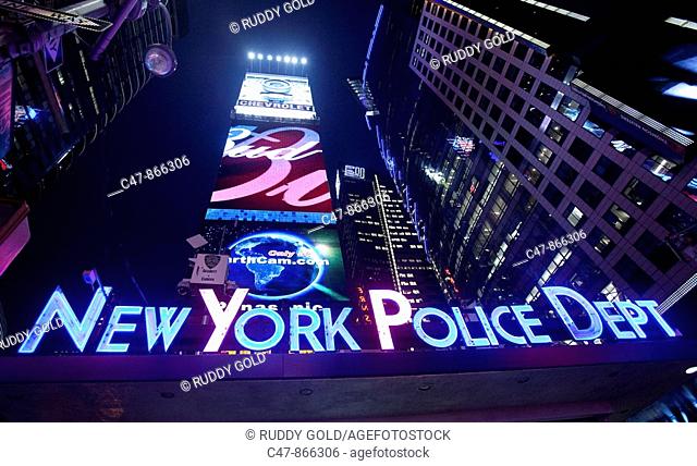 Police Department neon sign, Times Square, New York City, USA