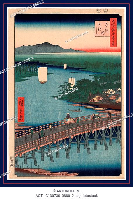 Senju no oubashi, Senju great bridge., Ando, Hiroshige, 1797-1858, artist, 1856., 1 print : woodcut, color ; 35.7 x 24.5 cm