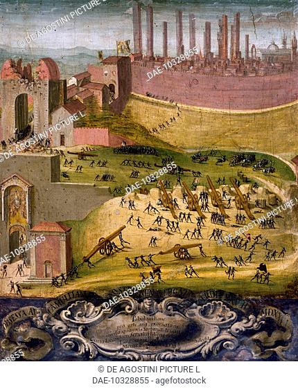 The Battle of Port Camollia in Siena, 1526, by Giovanni Cini (1495-1565), tablet by Biccherna n 68. Italy, 16th century.  Siena