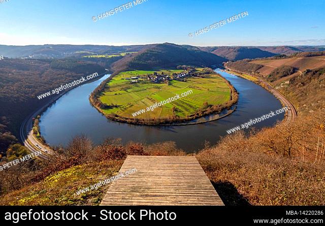 View from the beautiful view of the small Saarschleife near Taben-Hamm, Saar Valley, Rhineland-Palatinate, Germany