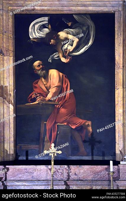 Painting by Michelangelo Merisi, called Caravaggio The Inspiration of Saint Matthew, is on display in the Contarelli Chapel