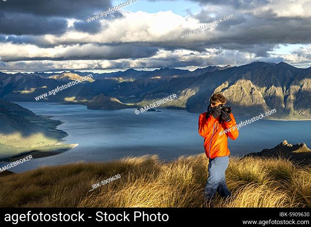 Hiker photographed, view of Lake Hawea in the evening light, lake and mountain landscape, view from Isthmus Peak, Wanaka, Otago, South Island, New Zealand