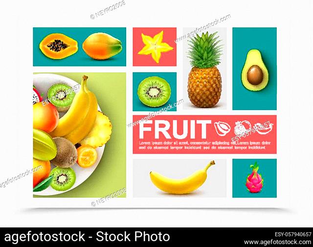 Realistic exotic fruits set with pineapple kiwi avocado banana papaya kumquat mango carambola dragonfruit isolated vector illustration