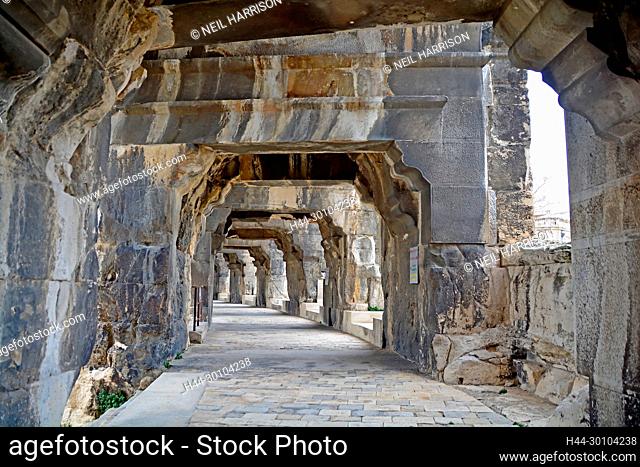 Grand Corridor inside an ancient Roman Amphitheatre at Nimes in the South of France still used for performances. One of the best preserved amphitheaters in the...