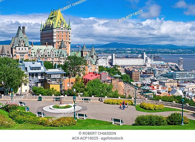 Cityscape of Old Quebec City with Chateau Frontenac in the distance and Cap Diamant park in the foreground