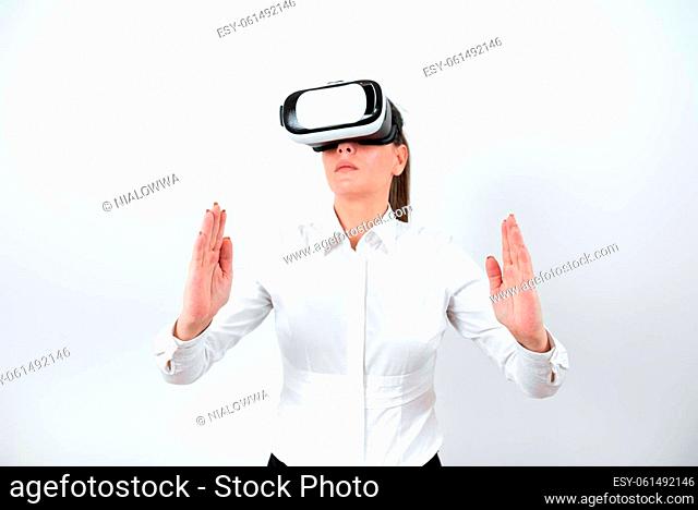 Woman Wearing Vr Glasses And Presenting Important Messages Between Hands