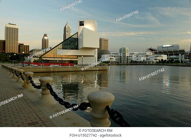 Cleveland, OH, Ohio, Lake Erie, Rock & Roll Hall of Fame and Museum, downtown skyline, North Cost Harbor, evening