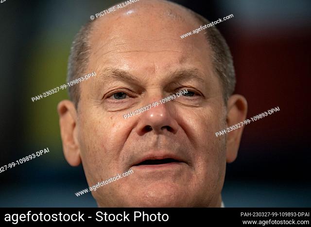 27 March 2023, Netherlands, Rotterdam: German Chancellor Olaf Scholz (SPD), takes part in a press conference as part of the German-Dutch government...