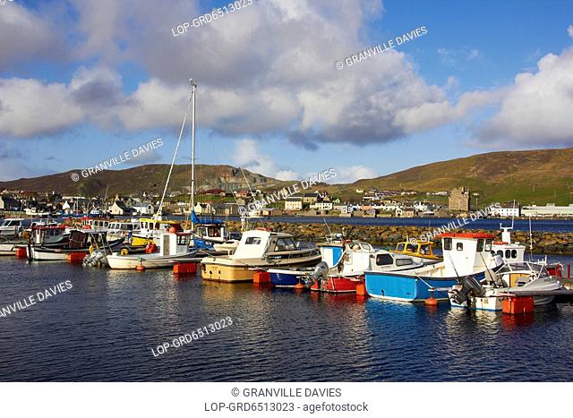 Scotland, Shetland Islands, Scalloway. A view toward Scalloway which is the ancient capital of the Shetlands