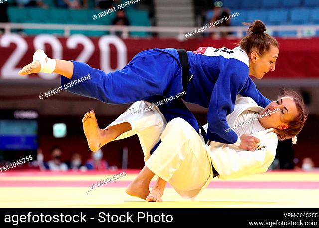 Belgian Judoka Charline Van Snick (White) and Canada's Ecaterina Guica (blue) pictured in action during the first round match in the women's -52kg judo...