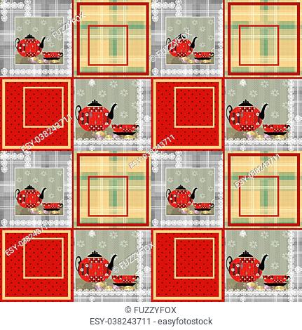 Patchwork seamless pattern with cup and pot background